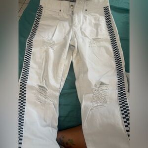 White Empire Distressed Mom Jeans with Checkered Stripe